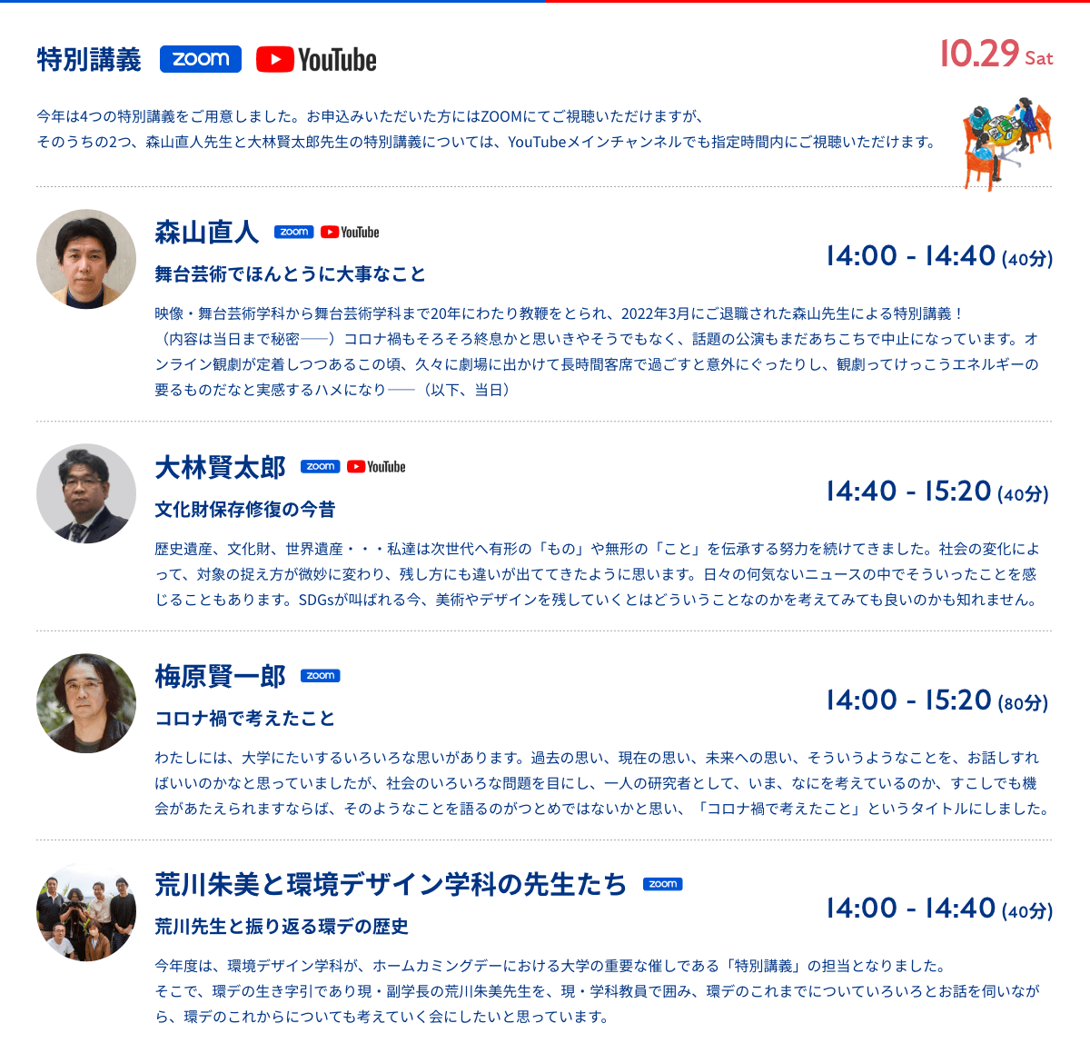 特別講義　今年は4つの特別講義をご用意しました。お申込みいただいた方にはZOOMにてご視聴いただけますが、そのうちの2つ、森山直人先生と大林賢太郎先生の特別講義については、YouTubeメインチャンネルでも指定時間内にご視聴いただけます。 
            森山直人 「舞台芸術でほんとうに大事なこと」 14:00-14:40(40分) Zoom/YouTube 映像・舞台芸術学科から舞台芸術学科まで20年にわたり教鞭をとられ、2022年3月にご退職された森山先生による特別講義！（内容は当日まで秘密――）コロナ禍もそろそろ終息かと思いきやそうでもなく、話題の公演もまだあちこちで中止になっています。オンライン観劇が定着しつつあるこの頃、久々に劇場に出かけて長時間客席で過ごすと意外にぐったりし、観劇ってけっこうエネルギーの要るものだなと実感するハメになり――（以下、当日）
            大林賢太郎 「文化財保存修復の今昔」14:40-15:20(40分)  Zoom/YouTube 歴史遺産、文化財、世界遺産・・・私達は次世代へ有形の「もの」や無形の「こと」を伝承する努力を続けてきました。社会の変化によって、対象の捉え方が微妙に変わり、残し方にも違いが出ててきたように思います。日々の何気ないニュースの中でそういったことを感じることもあります。SDGsが叫ばれる今、美術やデザインを残していくとはどういうことなのかを考えてみても良いのかも知れません。
            梅原賢一郎 「コロナ禍で考えたこと」14:00-15:20(80分)  Zoom わたしには、大学にたいするいろいろな思いがあります。過去の思い、現在の思い、未来への思い、そういうようなことを、お話しすればいいのかなと思っていましたが、社会のいろいろな問題を目にし、一人の研究者として、いま、なにを考えているのか、すこしでも機会があたえられますならば、そのようなことを語るのがつとめではないかと思い、「コロナ禍で考えたこと」というタイトルにしました。
            荒川朱美と環境デザイン学科の先生たち 「荒川先生と振り返る環デの歴史」14:00-14:40(40分)  Zoom 今年度は、環境デザイン学科が、ホームカミングデーにおける大学の重要な催しである「特別講義」の担当となりました。そこで、環デの生き字引であり現・副学長の荒川朱美先生を、現・学科教員で囲み、環デのこれまでについていろいろとお話を伺いながら、環デのこれからについても考えていく会にしたいと思っています。