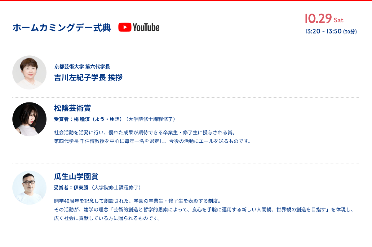 ホームカミングデー式典 京都芸術大学 第六代学長 吉川左紀子学長 挨拶 松陰芸術賞 受賞者：楊 喩淇（よう・ゆき） （大学院修士課程修了）社会活動を活発に行い、優れた成果が期待できる卒業生・修了生に授与される賞。第四代学長 千住博教授を中心に毎年一名を選定し、今後の活動にエールを送るものです。 瓜生山学園賞 受賞者：伊東勝 （大学院修士課程修了） 開学40周年を記念して創設された、学園の卒業生・修了生を表彰する制度。その活動が、建学の理念「芸術的創造と哲学的思索によって、良心を手腕に運用する新しい人間観、世界観の創造を目指す」を体現し、広く社会に貢献している方に贈られるものです。